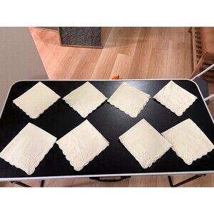 Vintage Handmade Embroidered Linen Napkins 8 Piece Set - Ecru/Cream Scalloped